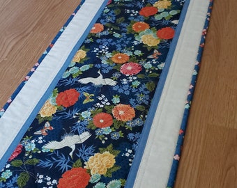 Asian-Themed Quilted Table Runner, 42" x 14" Table Runner, Blue Table Runner, Floral Quilted Table Runner, Summer Table Runner