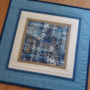 Quilted Abstract Table Topper, 19&quot; Wall Hanging, Modern Table Topper, Quilted Table Mat, Handmade Blue Table Quilt
