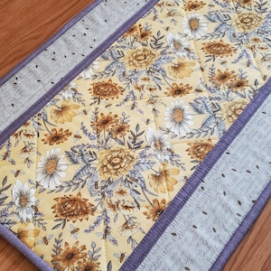 Flowers and Bees Quilted Table Runner, 42&quot; x 14&quot; Summer Table Runner, Floral Quilted Table Runner, Gray and Yellow Handmade Table Quilt