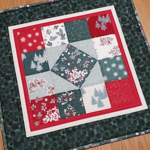 Quilted Christmas Table Topper: 19&quot; Holiday Wall Hanging, Juniper Green
