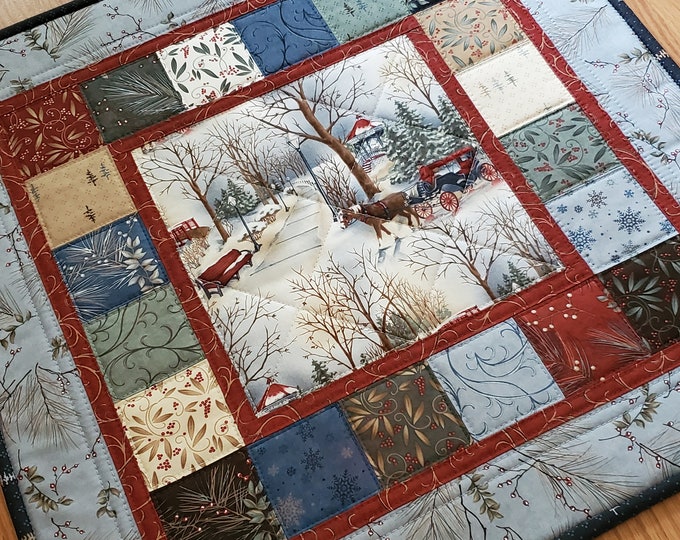 Quilted Table Topper, 21 Square Christmas Table Topper, Quilted