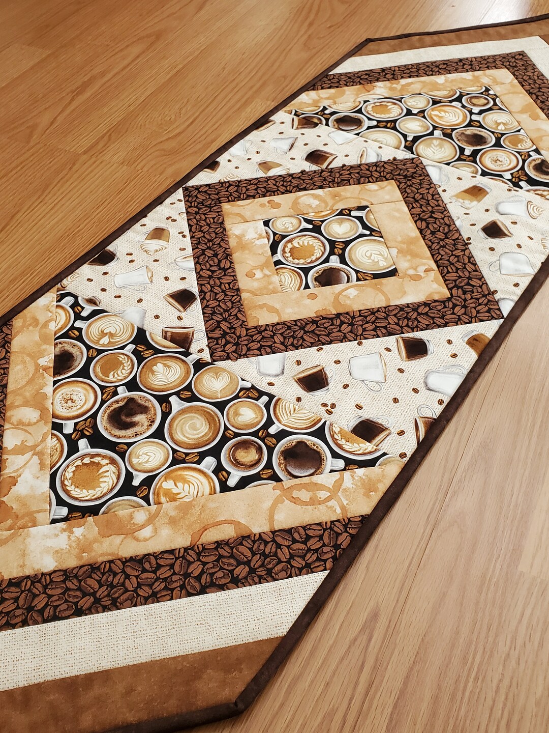 Quilted Coffee Themed Table Runner, 47 X 15.5 Patchwork Table Runner