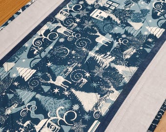 Quilted Winter Reindeer in Blue Table Runner, 42" x 15"