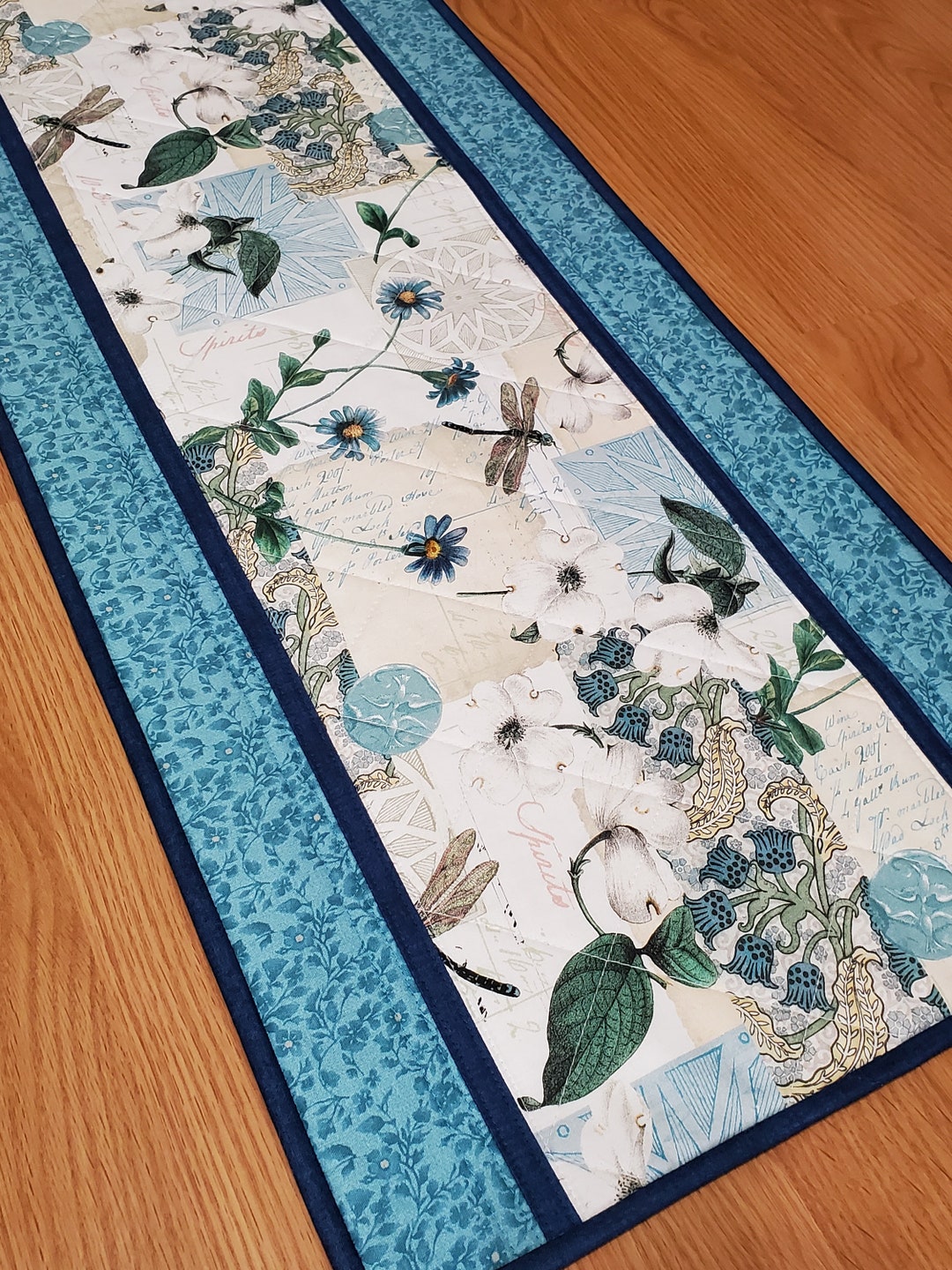 Quilted Dragonfly Table Runner, 42.5 X 15 Vintage Style Table Runner, Blue Floral Table Runner