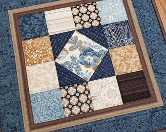 Quilted Patchwork Table Topper, Modern Floral Wall Hanging, 19"