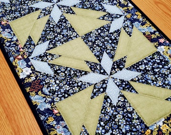 Quilted Hunter’s Star Table Runner, 40" x 16" Floral Table Runner, Quilted Patchwork Table Runner, Blue and Green Table Quilt