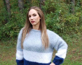 Chunky Mohair Sweater, Hand Knit Pullover, Oversized Knit Sweater in Mohair, Boat neck & Bubble Sleeves, Women's Knitted Blouse