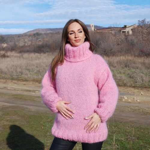 Women Sweater Hand Knitted Jumper Pink Red Chunky Wool Sweater Mohair Sweater Loose Knit Jumper Oversized Drop Shoulder Drop sleeve sweater