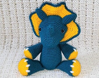 Triceratops Crochet Plushie; Handmade Dinosaur Amigurumi;  Dino Stuffed Animal Toy