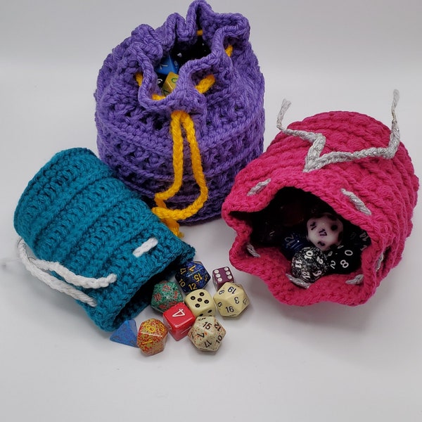 Dice Drawstring Bag; Crochet Pouch; Handmade D&D Treasure Bag