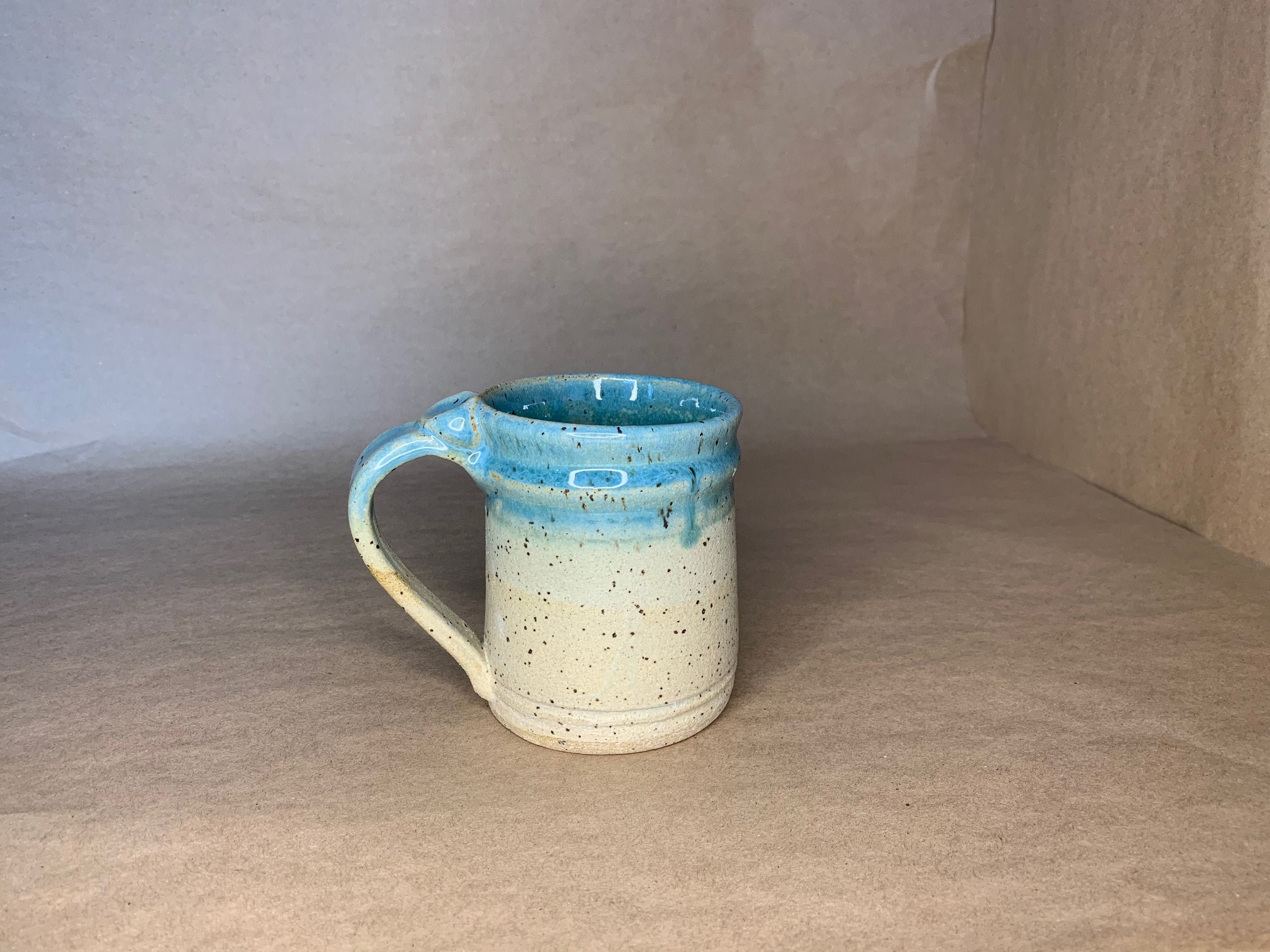 Mug with thumb rest blue and tan handled coffee cup 12 oz Etsy