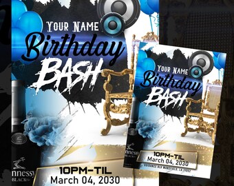 May include: A birthday party flyer with the text "YOUR NAME Birthday BASH" in white and blue. The design incorporates blue balloons, speakers, and a gold ornate chair. The flyer also displays the date and time: 10PM-TIL March 04, 2030.