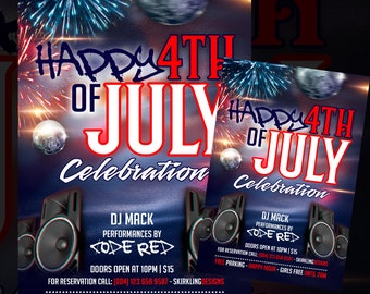 May include: A flyer for a 4th of July celebration with the text "Happy 4th of July Celebration" in red and white. The flyer includes images of fireworks, disco balls, and speakers. The DJ is DJ Mack, with performances by Code Red.
