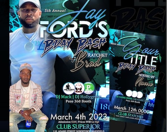 Könnte beinhalten: Ein Flyer für eine 5. jährliche Geburtstagsfeier namens "Jay Ford's Bday Bash + Ratchet Brad" im Club Superior in Mansfield, Ohio. Der Flyer zeigt DJ Mack und DJ Hollygrove, und die Veranstaltung findet am 4. März 2023 statt.