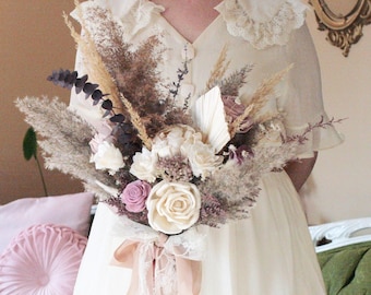 Sola Wood Bridal Bouquet + Groom boutonniere set Purple Mauve Lavender Lilac Ivory Beige flowers Pampas Grass Boho dried palm READY TO SHIP