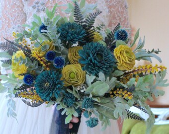 Sola Wood Bridal Bouquet + Groom boutonniere set Xl Teal Navy Chartreuse Lime Mums Ranunculus ferns dusty oak flowers READY TO SHIP