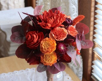 Wood Flowers Bouquet Arrangement for vase Fall Mums Marigolds Roses Purple Orange Mustard Real Preserved Autumn Home Decor gift