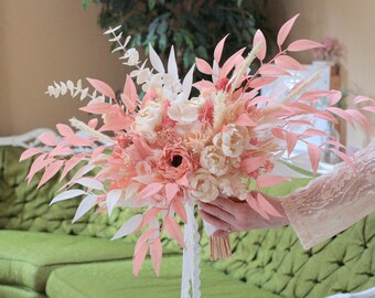 Wood Flowers Bridal Bouquet + Groom boutonniere set xxl Pink White Cream Salmon Blush Boho peonies wildflowers roses READY TO SHIP