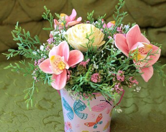 Wood Flowers Orchids and Rose Floral Arrangement in Butterfly Bucket Pink Yellow home Decor gift personalized card included