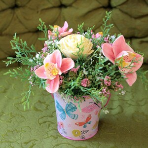 Wood Flowers Orchids and Rose Floral Arrangement in Butterfly Bucket Pink Yellow home Decor gift personalized card included