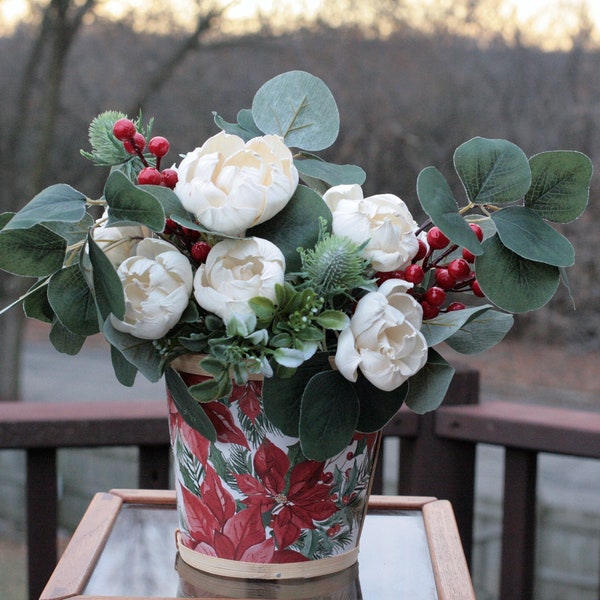Holiday Sola Wood Floral Arrangement Ivory Peonies in Chipwood Poinsettia Basket w Red Berries Preserved Broom Bloom Caspia Home Decor Gift