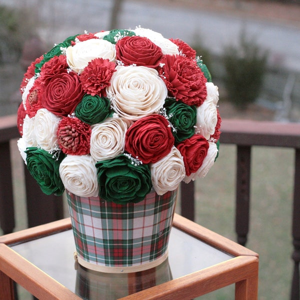 Holiday Sola Wood Floral Arrangement in Plaid Chipwood Basket Rust Red Green Ivory Roses Carnations Baby's Breath Home Decor Gift