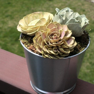 Sola Wood Flowers Succulent Arrangement in Galvanized Pot home decor Gift