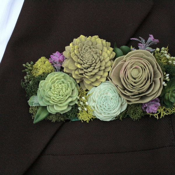 Sola Wood Succulent Pocket Corsage Boutonnière Made to Order Custom Unique Alternative for suit green moss