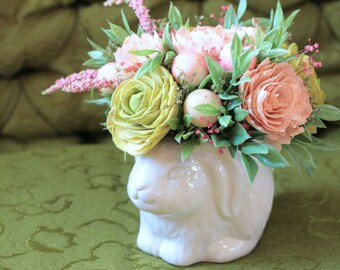 Sola Wood Flowers Spring Easter Arrangement in Bunny Mug pink Roses lime Ranunculus coral berries home Decor gift personalized card included