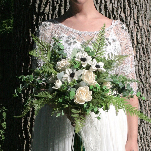 Sola Wood XL Bridal Bouquet + Boutonniere SET Wedding Flowers Ivory Ferns Greenery Rose Anemone Woodland -Ready to Ship- Full Package Option