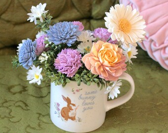 Sola Wood Flowers Spring Easter Arrangement in Some Bunny Loves You Mug Daises Carnations Purple home Decor gift personalized card included