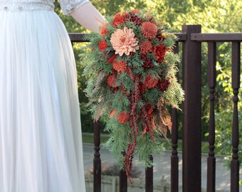 Sola Wood Cascading Bridal Bouquet + Groom boutonniere set READY TO SHIP Burnt Orange Terra cotta Peach rust xl fall wedding flowers