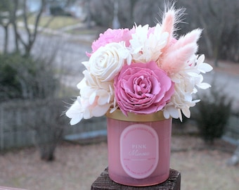 Wood Flowers Candle Topper Arrangement Pink Cream Roses Bunny Tails Hydrangea home Decor gift personalized card included