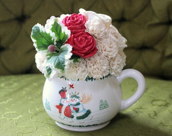 Holiday Sola Wood Floral Arrangement in Big Vintage Snowman Mug Ivory + Red Roses Carnations Home Decor Gift
