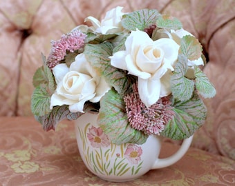 Wood Flowers Begonia Arrangement in Floral Mug Ivory Mauve home Decor gift personalized card included