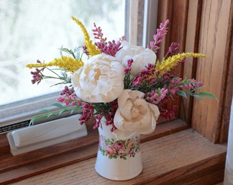 Wood Flowers Peony Arrangement in Vintage Ceramic Vase Ivory pink yellow magenta home Decor gift personalized card included