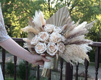 Neutral Sola Wood Bridal Bouquet + Groom boutonniere set Cream Beige Toast flowers Pampas Grass Boho dried palm