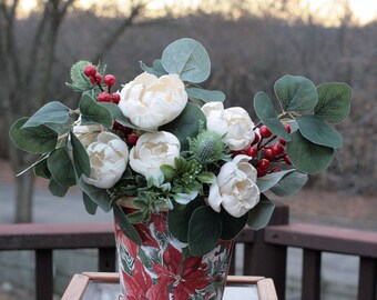 Holiday Sola Wood Floral Arrangement Ivory Peonies in Chipwood Poinsettia Basket w Red Berries Preserved Broom Bloom Caspia Home Decor Gift