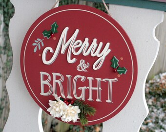Holiday Merry & Bright Wood Wall Decor with Sola Wood Flowers Dark Red Burgundy Ivory Green Hanging Home Decor Gift
