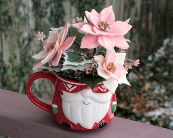 Holiday Sola Wood Floral Arrangement in Red Gnome Mug Pink Poinsettia Home Decor Gift