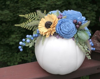 Fall Sola Wood Flowers White Pumpkin with Sunflower Blue roses purple berries fern thistle foxtail grass home Decor gift