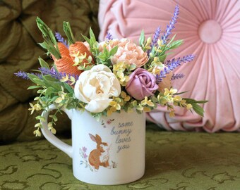 Sola Wood Flowers Spring Easter Arrangement Some Bunny Loves You Mug pink purple Roses Carrots home Decor gift personalized card included