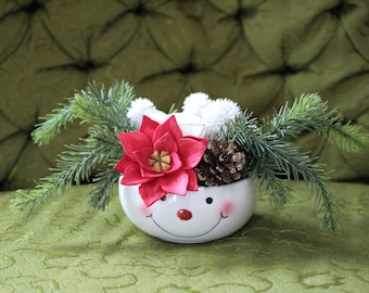 Holiday Sola Wood Floral Arrangement in Cute Snowman Bowl Ivory Roses + Red Poinsettia with Pine Pinecone Home Decor Gift