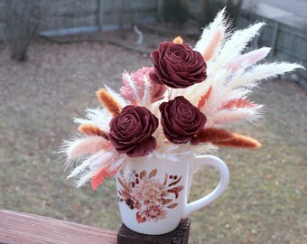 Sola Wood Flowers Boho Mug Arrangement Cinnamon Dusty Pink Roses Bunny Tails Pampas Grass Ferns home Decor gift personalized card included