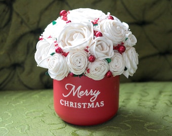 Holiday Sola Wood Floral Arrangement Ivory Roses in Merry Christmas Pot with Metallic Red Berries Preserved Broom Bloom Home Decor Gift