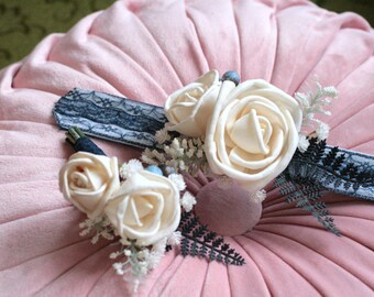 Wood Flower Snap Bracelet Wrist Corsage and Boutonniere Set Ivory and Navy Roses Ferns Baby's Breath Blueberries