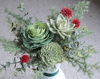 Holiday Sola Wood Succulent Floral Arrangement in White Vase Red Thistle Sparkle Eucalyptus Smoke Bush Home Decor Gift