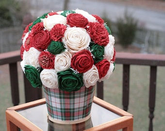 Holiday Sola Wood Floral Arrangement in Plaid Chipwood Basket Rust Red Green Ivory Roses Carnations Baby's Breath Home Decor Gift