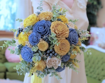 Sola Wood Bridal Bouquet + Groom boutonniere set Ivory Cornflower Blue & Yellow READY TO SHIP Roses Eucalyptus Wild Flowers Blueberries