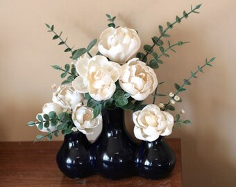 Wood Flowers Arrangement Ivory Peonies in Triple Navy Blue Vase eucalyptus spring home Decor gift personalized card included